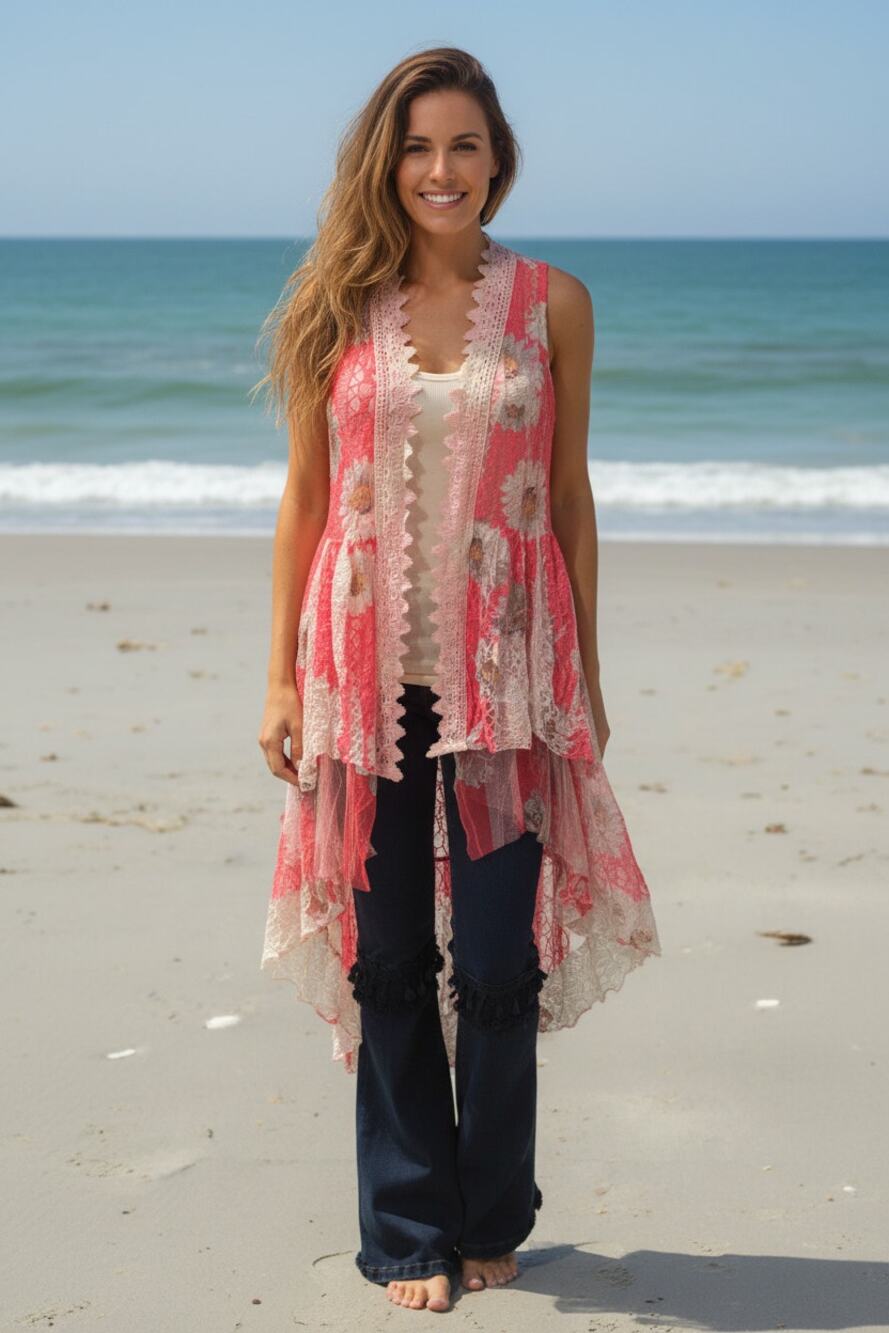 Origami Pink Daisy Hi-Lo Cardigan Small